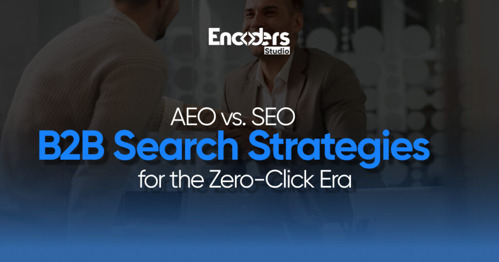 Two men discussing, with overlay text "AEO vs. SEO B2B Search Strategies for the Zero-Click Era."