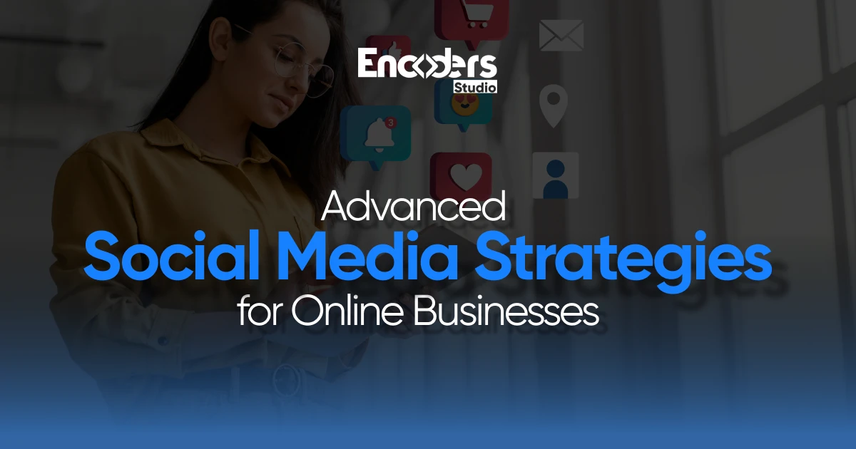 A person looking at a tablet with floating social media icons, representing advanced social media marketing strategies for online businesses.