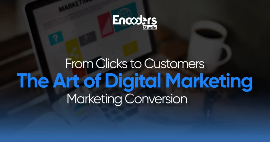 A laptop screen with a digital marketing chart and a coffee cup, with the title "The Art of Digital Marketing Conversion."