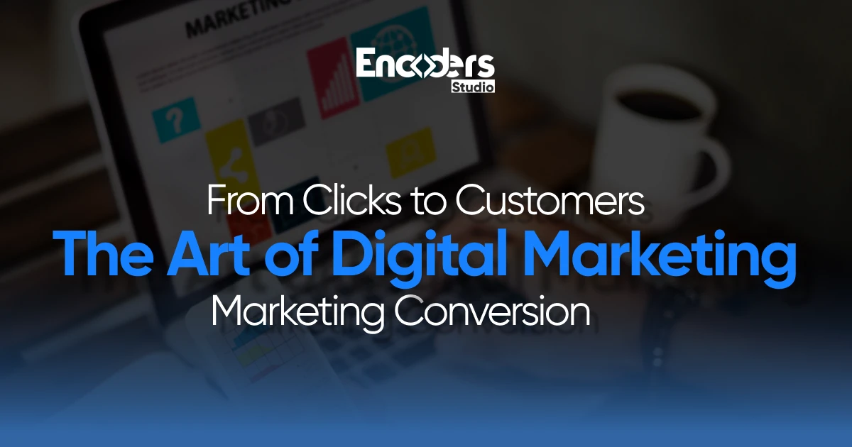 A laptop screen with a digital marketing chart and a coffee cup, with the title "The Art of Digital Marketing Conversion."
